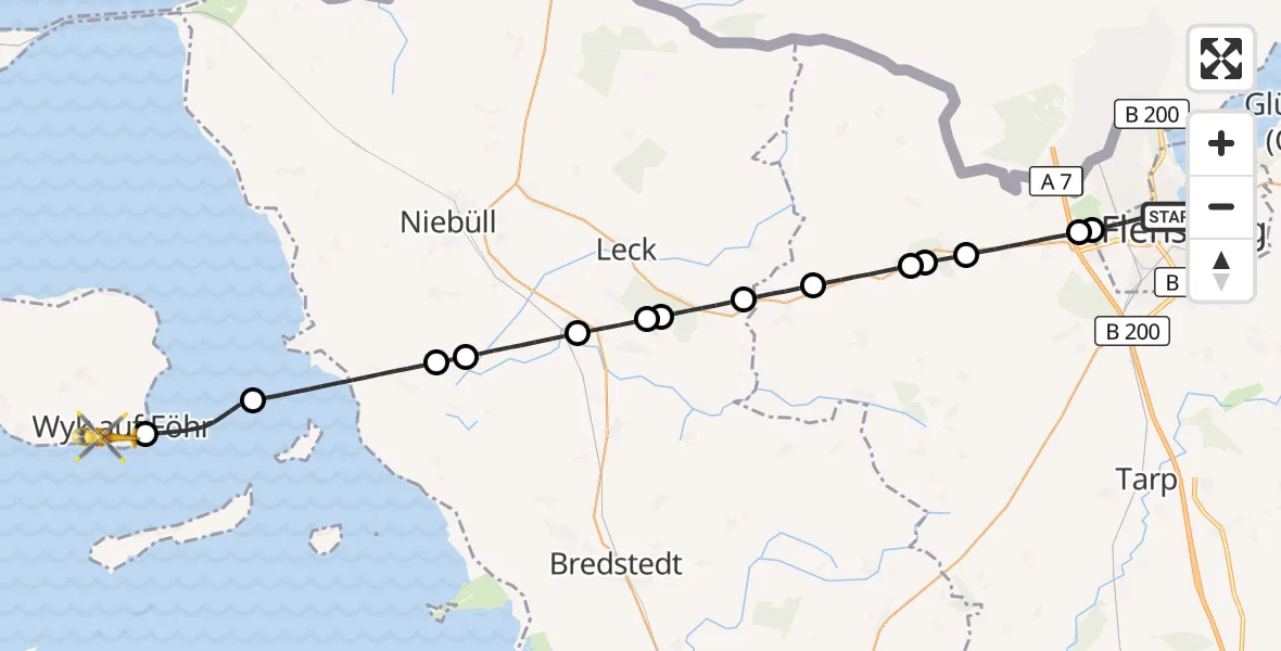 Flugroute Rettungshubschrauber Flensburg - Wyk auf Föhr, 12 Juni 2026, 20:20