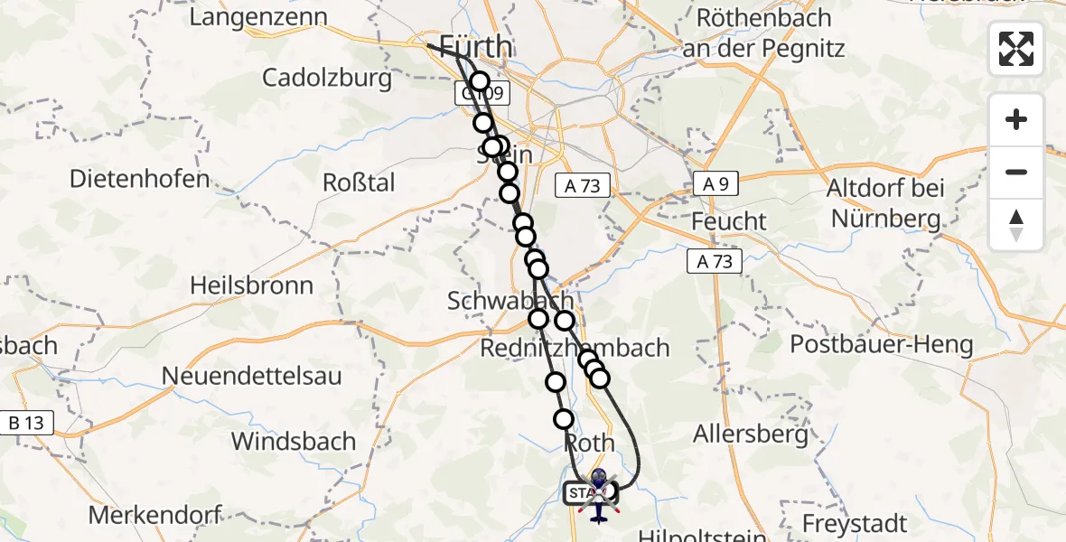 Flugroute Polizeihubschrauber Roth - Flugplatz Roth, 12 Juni 2026, 20:42