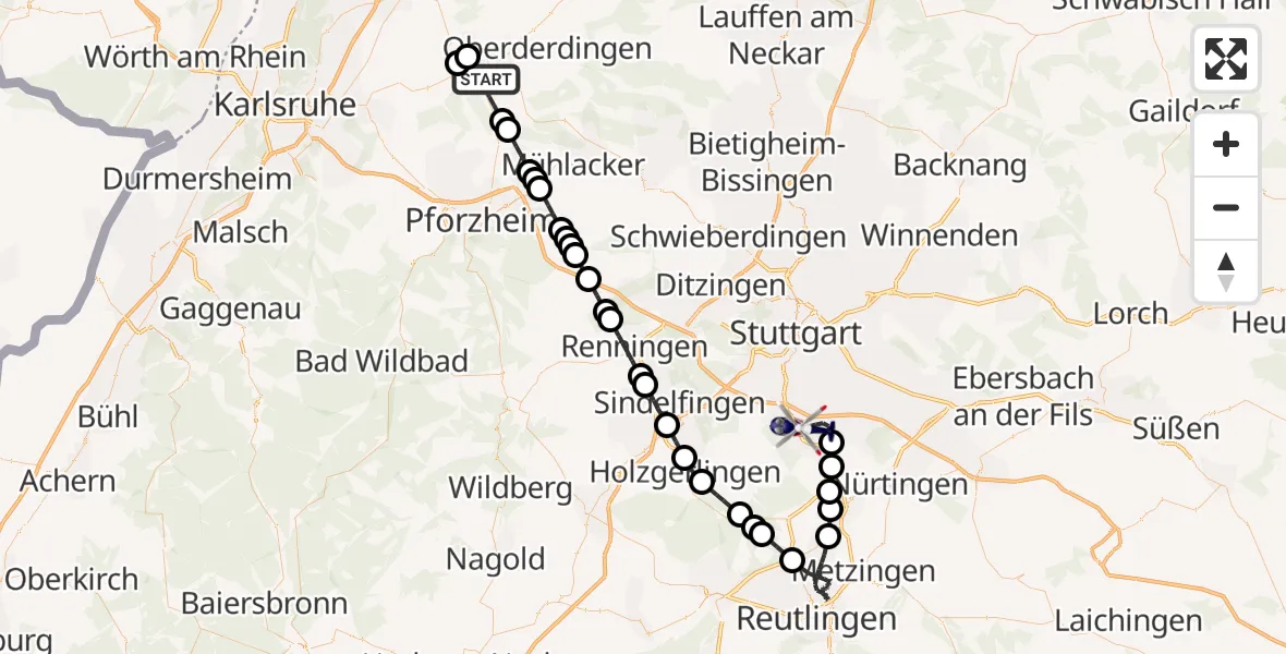 Flugroute Polizeihubschrauber Bretten - Flughafen Stuttgart, 12 Juni 2026, 20:56