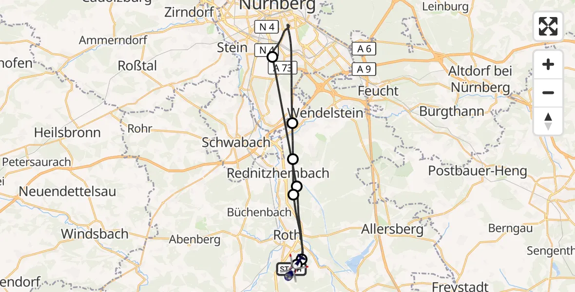 Flugroute Polizeihubschrauber Flugplatz Roth - Flugplatz Roth, 12 Juni 2026, 22:09