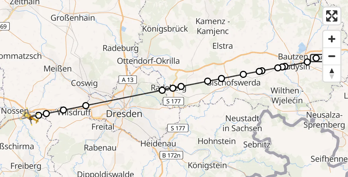 Flugroute Rettungshubschrauber Bautzen Flugplatz - Reinsberg, 12 Juni 2026, 22:35