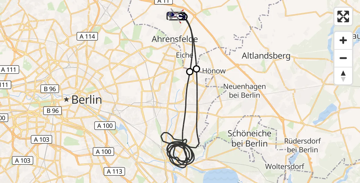 Flugroute Polizeihubschrauber Ahrensfelde Hubschrauberlandeplatz - Ahrensfelde Hubschrauberlandeplatz, 12 Juni 2026, 23:13