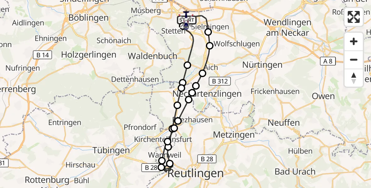 Flugroute Polizeihubschrauber Flughafen Stuttgart - Flughafen Stuttgart, 12 Juni 2026, 23:19