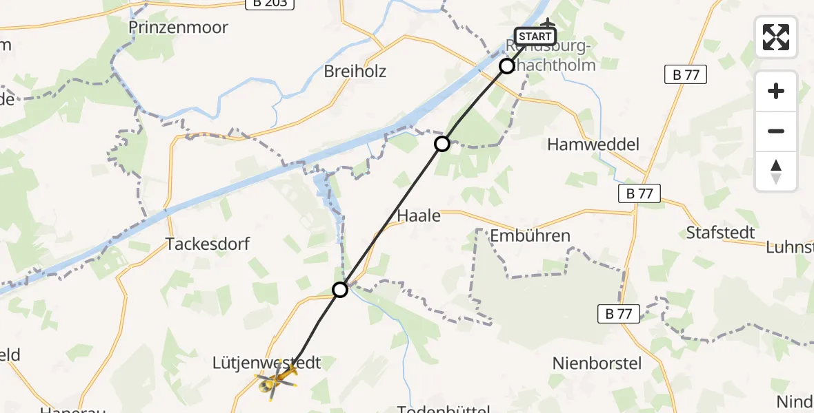 Flugroute Ambulanzhubschrauber Hörsten - Lütjenwestedt, 13 Juni 2026, 00:08