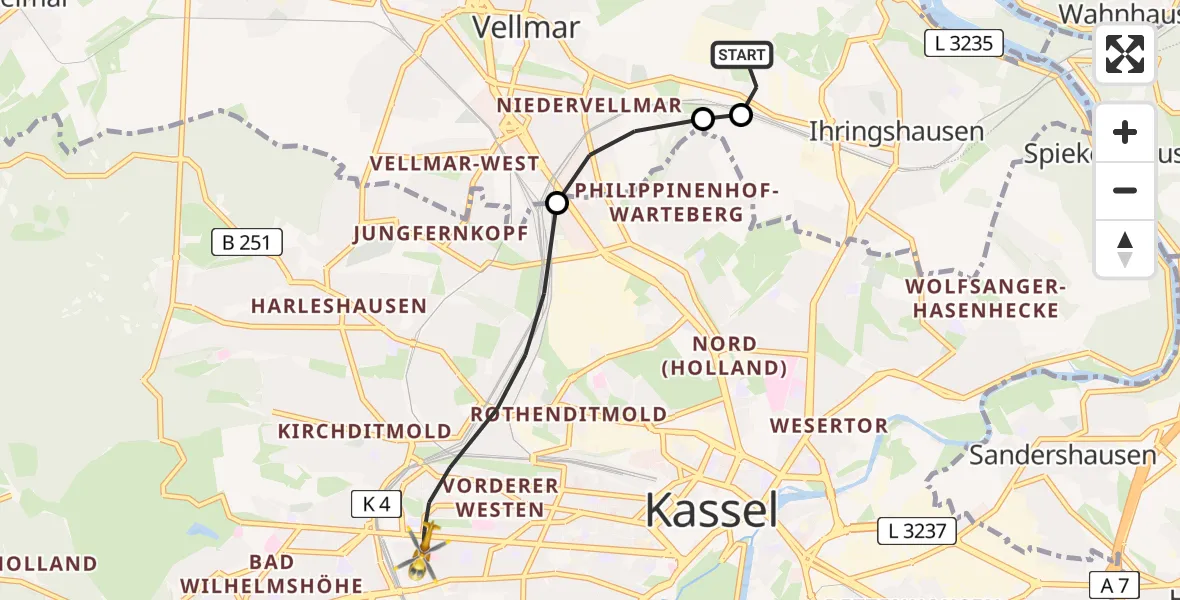 Flugroute Rettungshubschrauber Fuldatal Bundespolizei Hubschrauberlandeplatz - Kassel, 13 Juni 2026, 05:03