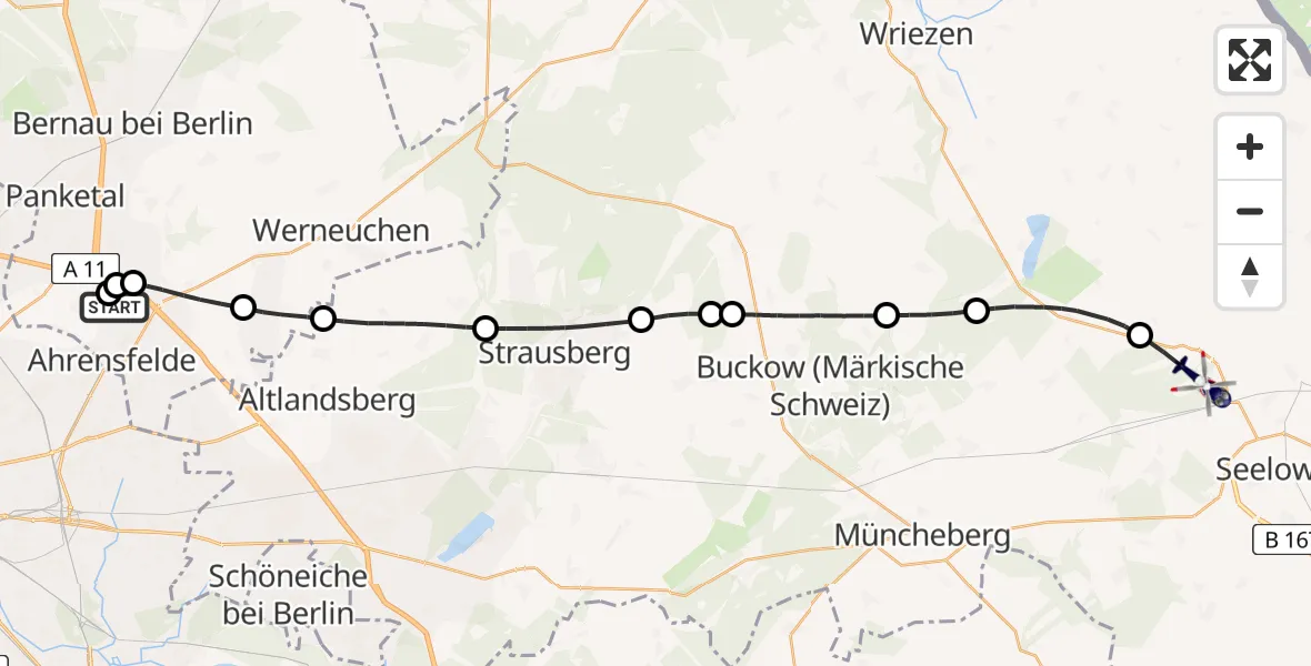 Flugroute Polizeihubschrauber Ahrensfelde Hubschrauberlandeplatz - Gusow-Platkow, 13 Juni 2026, 05:09