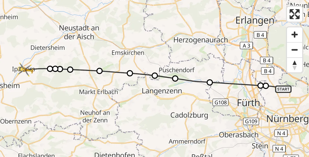 Flugroute Ambulanzhubschrauber Flughafen Nuremberg - Ipsheim, 13 Juni 2026, 05:10
