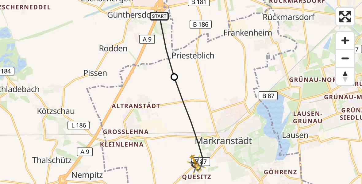 Flugroute Rettungshubschrauber Leuna - Markranstädt, 13 Juni 2026, 05:29