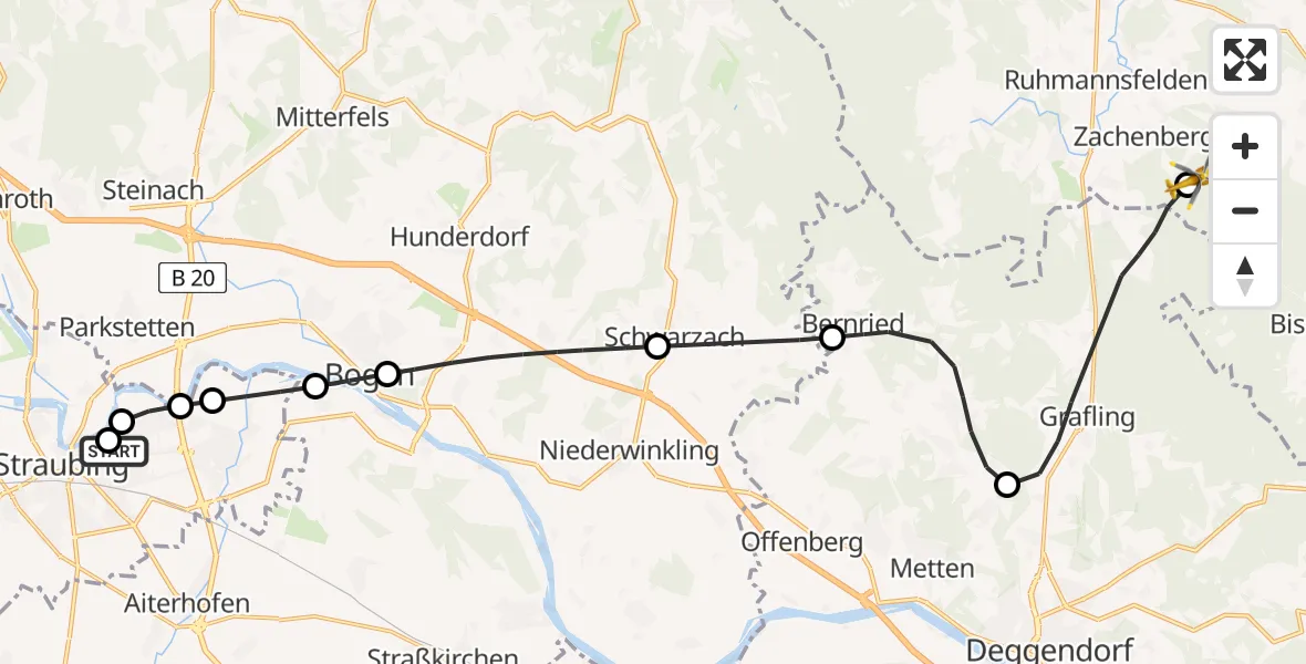 Flugroute Rettungshubschrauber Sankt Elisabeth Hospital Straubing - Zachenberg, 13 Juni 2026, 05:42