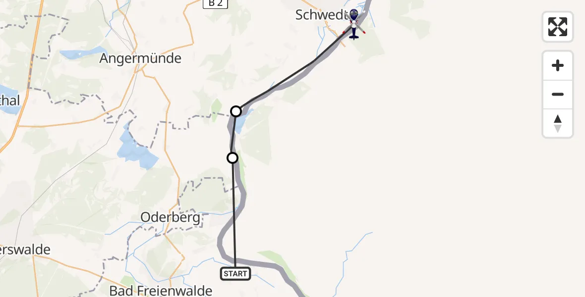 Flugroute Polizeihubschrauber Oderaue - Schwedt/Oder, 13 Juni 2026, 05:50