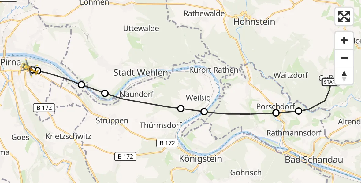 Flugroute Rettungshubschrauber Hohnstein - Pirna Hospital, 13 Juni 2026, 06:03