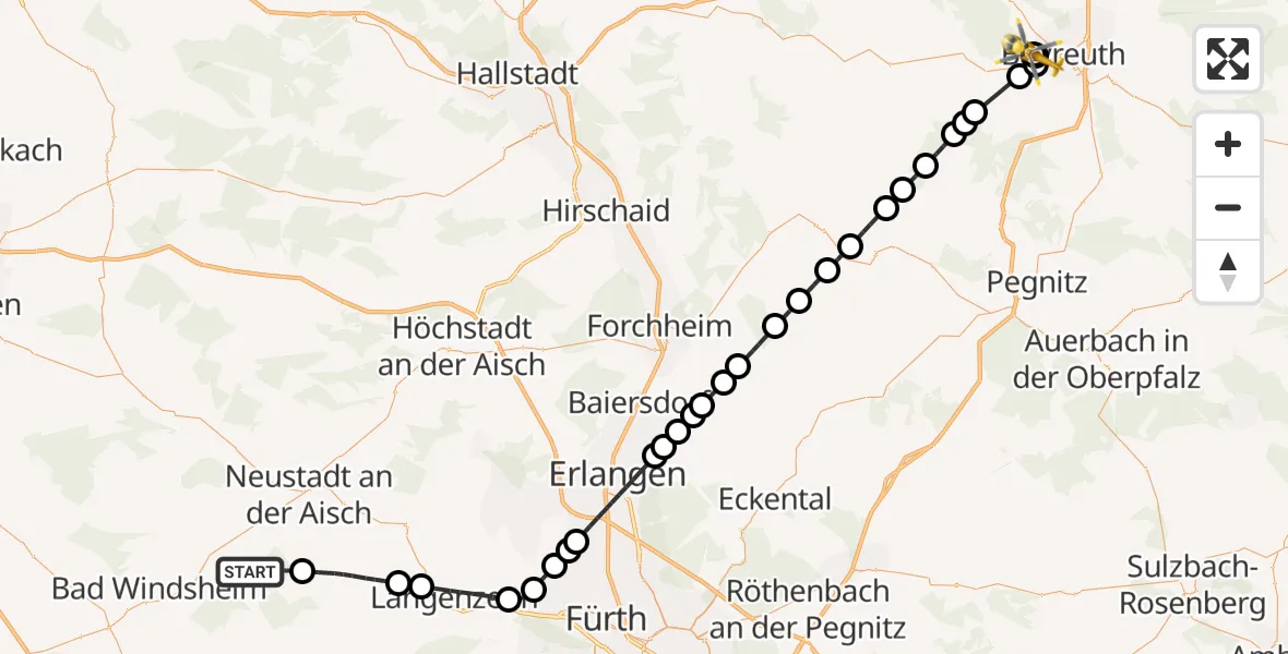 Flugroute Ambulanzhubschrauber Ipsheim - Bayreuth Hospital, 13 Juni 2026, 06:15