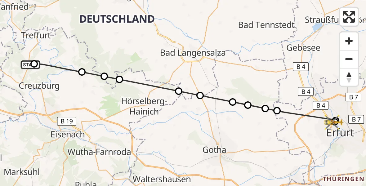 Flugroute Ambulanzhubschrauber Treffurt - Helios Clinic Erfurt, 13 Juni 2026, 06:23