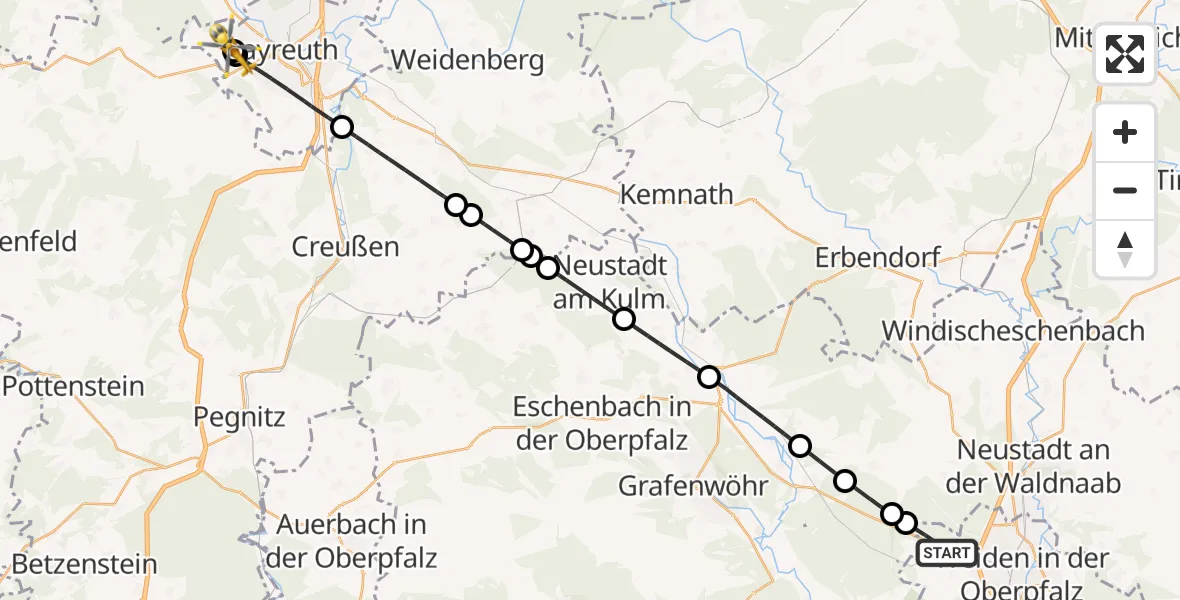 Flugroute Rettungshubschrauber Weiden i.d.OPf. - Bayreuth Hospital, 13 Juni 2026, 06:24