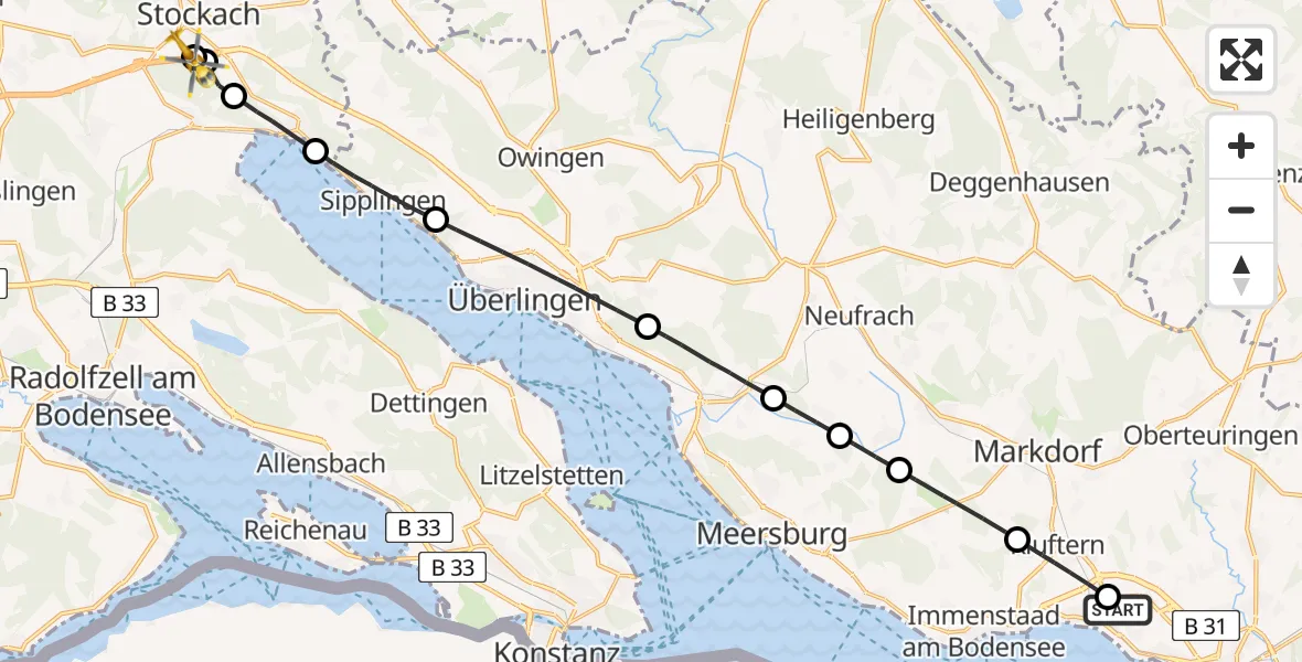 Flugroute Rettungshubschrauber Friedrichshafen Hospital - Stockach, 13 Juni 2026, 06:46