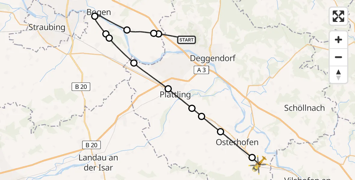 Flugroute Rettungshubschrauber Offenberg - Künzing, 13 Juni 2026, 06:57