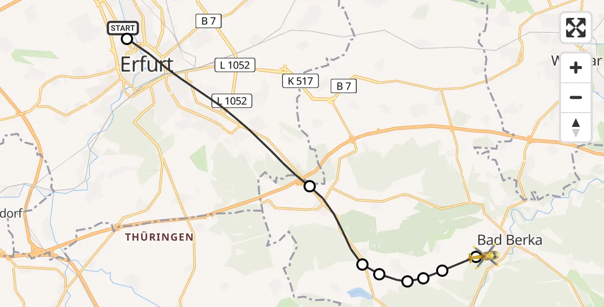 Flugroute Ambulanzhubschrauber Helios Clinic Erfurt - DRF Rettungsstation Bad Berka Hubschrauberlandeplatz, 13 Juni 2026, 06:57
