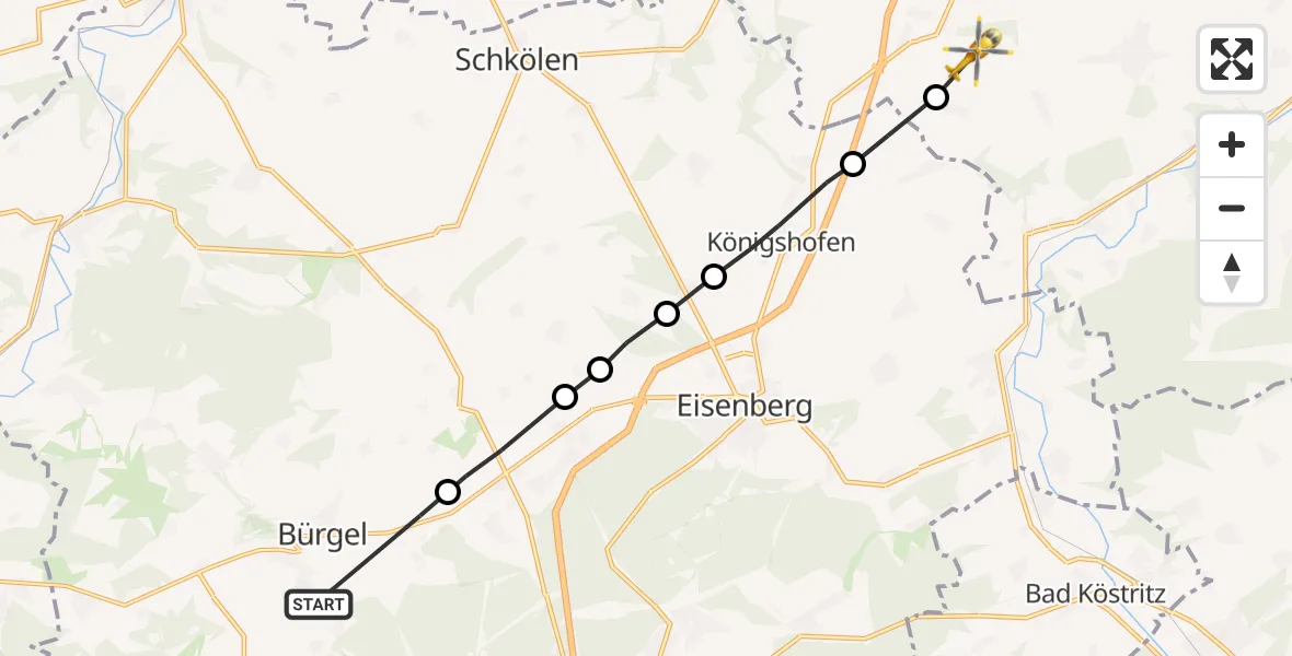 Flugroute Rettungshubschrauber Bürgel - Droyßig, 13 Juni 2026, 07:00