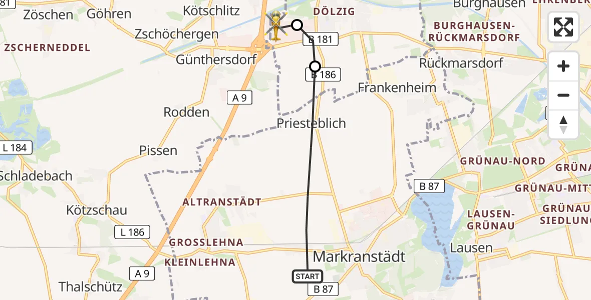 Flugroute Rettungshubschrauber Markranstädt - ADAC Air Rescue Station Leipzig/Schkeuditz-Dölzig Hubschrauberlandeplatz (Christoph 61), 13 Juni 2026, 07:03