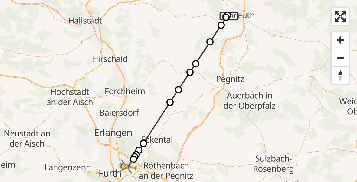 Flugroute Ambulanzhubschrauber Bayreuth Hospital - Flughafen Nuremberg, 13 Juni 2026, 07:07