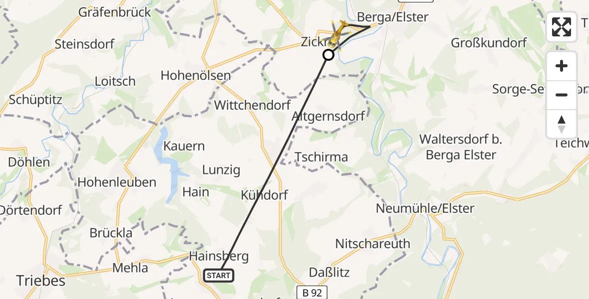 Flugroute Rettungshubschrauber Langenwetzendorf - Berga-Wünschendorf, 13 Juni 2026, 07:09