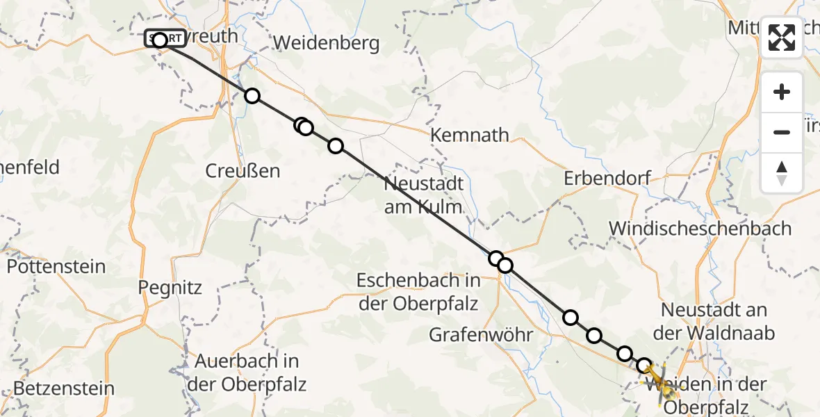 Flugroute Rettungshubschrauber Bayreuth Hospital - Weiden i.d.OPf., 13 Juni 2026, 07:13