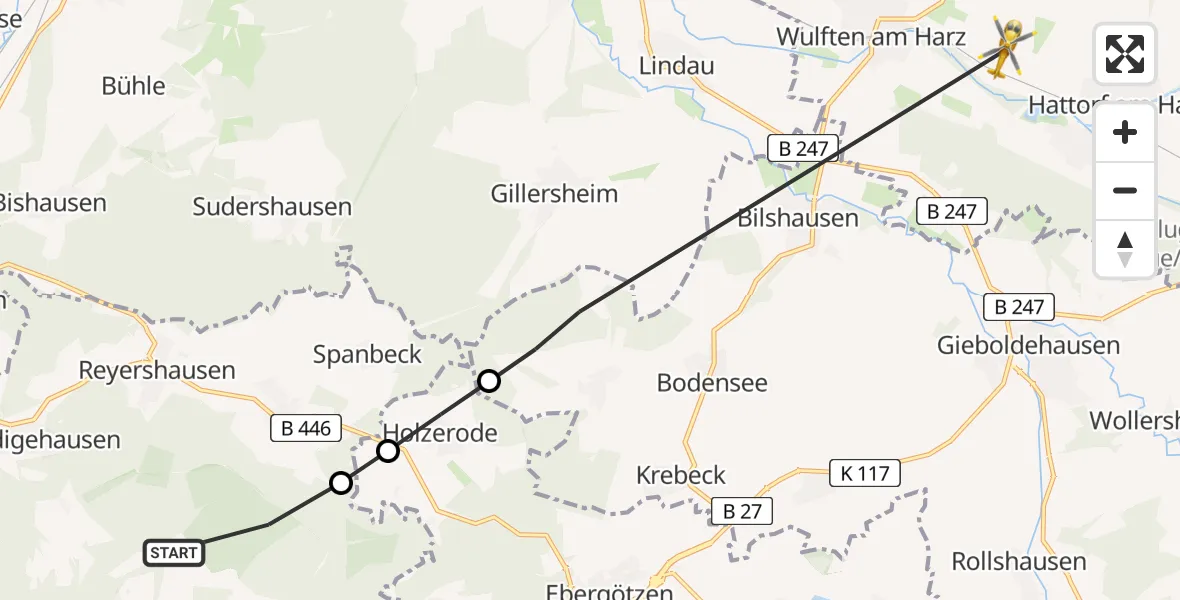Flugroute Rettungshubschrauber Göttingen - Hattorf am Harz, 13 Juni 2026, 07:16