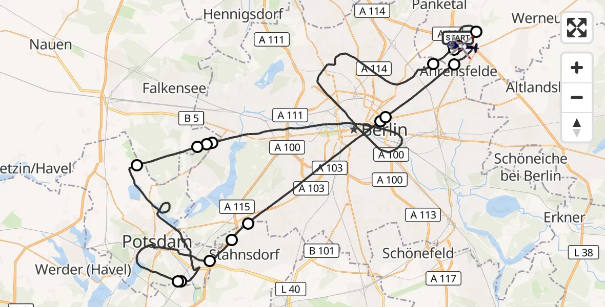 Flugroute Polizeihubschrauber Bernau bei Berlin - Ahrensfelde Hubschrauberlandeplatz, 13 Juni 2026, 07:22
