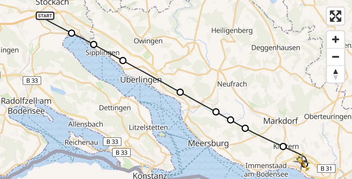 Flugroute Rettungshubschrauber Stockach - Friedrichshafen Hospital, 13 Juni 2026, 07:22