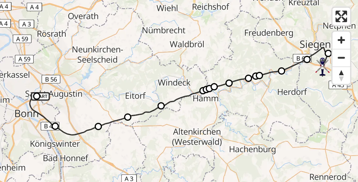 Flugroute Polizeihubschrauber Sankt Augustin - Siegen, 13 Juni 2026, 07:22