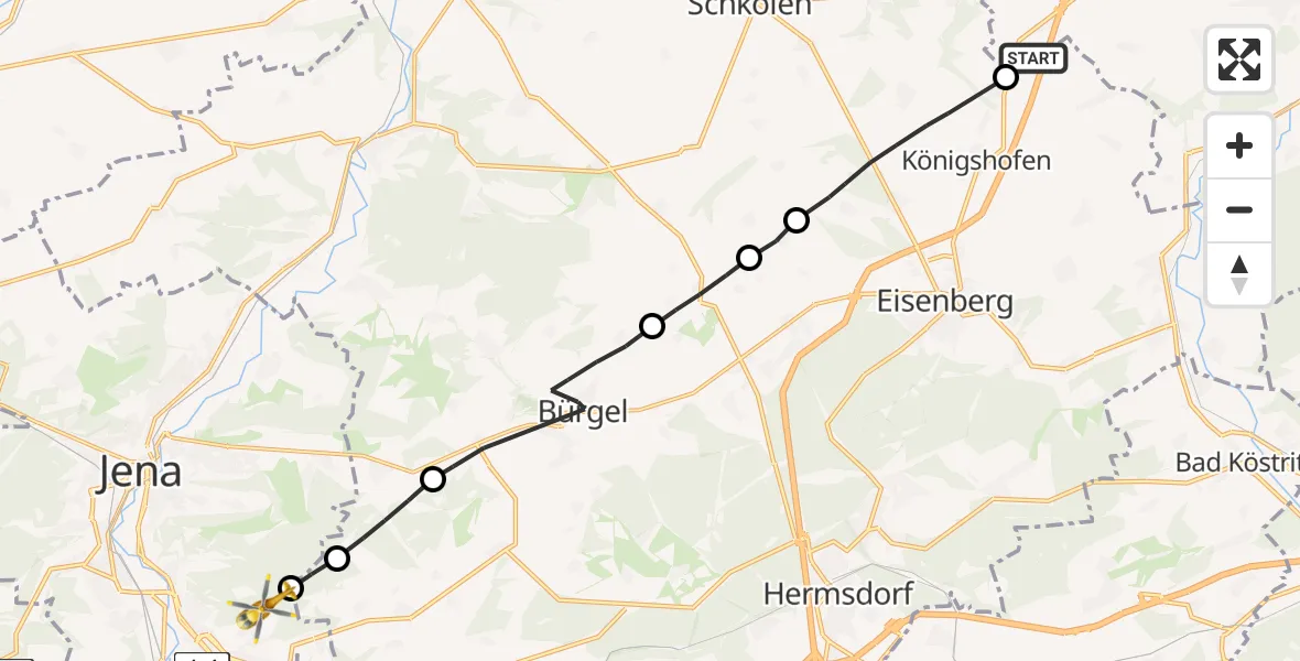 Flugroute Rettungshubschrauber Walpernhain - Jena, 13 Juni 2026, 07:38