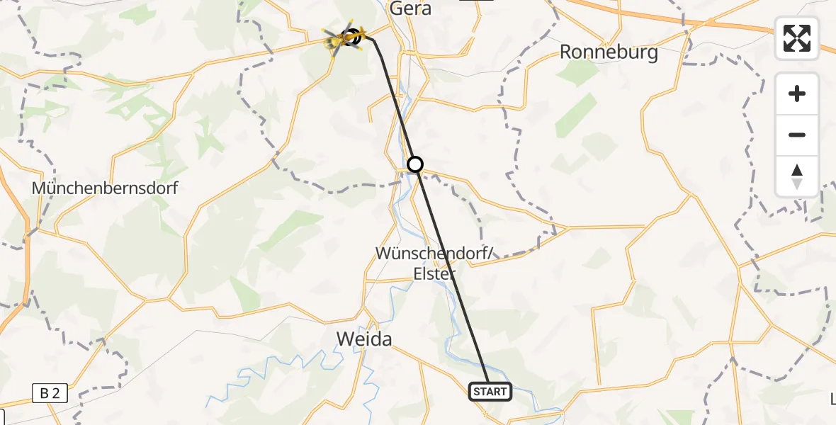 Flugroute Rettungshubschrauber Berga-Wünschendorf - SRH Wald-Klinikum Gera Hospital, 13 Juni 2026, 07:58