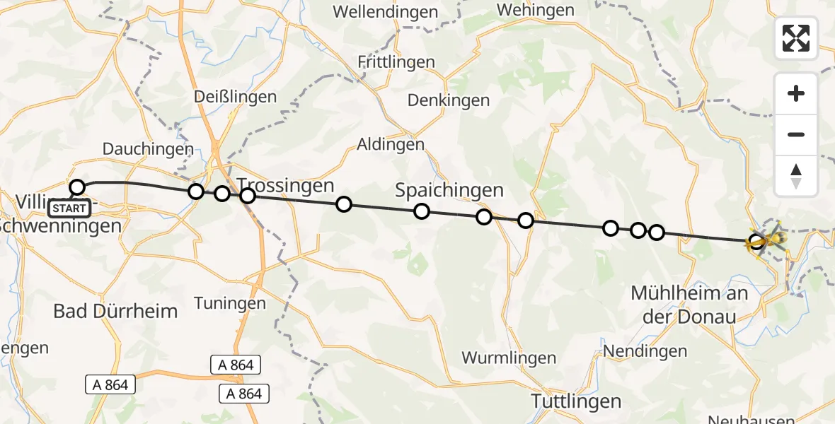 Flugroute Ambulanzhubschrauber DRF Air Rescue Station Villingen-Schwenningen Hubschrauberlandeplatz (Christoph 11) - Beuron, 13 Juni 2026, 07:58