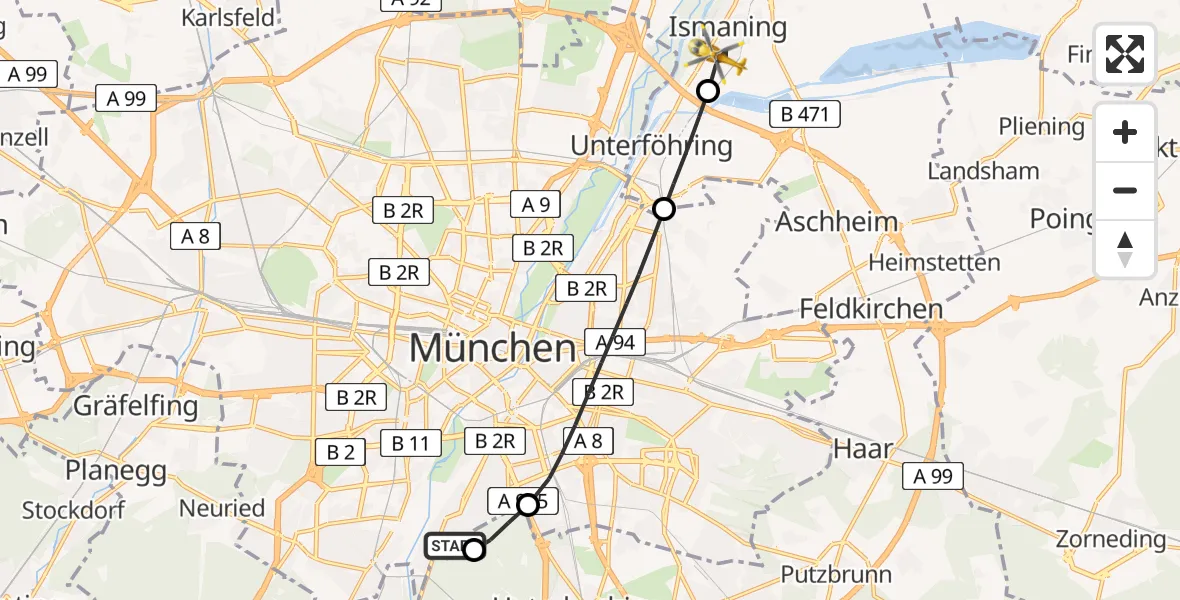 Flugroute Rettungshubschrauber ADAC Air Rescue Center Hubschrauberlandeplatz (Christoph 1) - Ismaning, 13 Juni 2026, 07:59