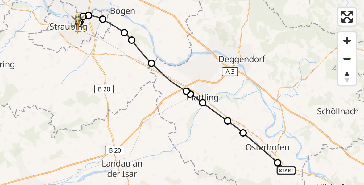Flugroute Rettungshubschrauber Künzing - Sankt Elisabeth Hospital Straubing, 13 Juni 2026, 08:01