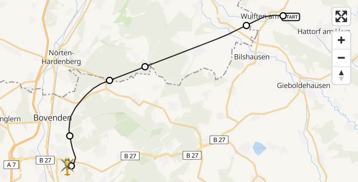 Flugroute Rettungshubschrauber Hattorf am Harz - Göttingen University Clinic Hubschrauberlandeplatz, 13 Juni 2026, 08:01