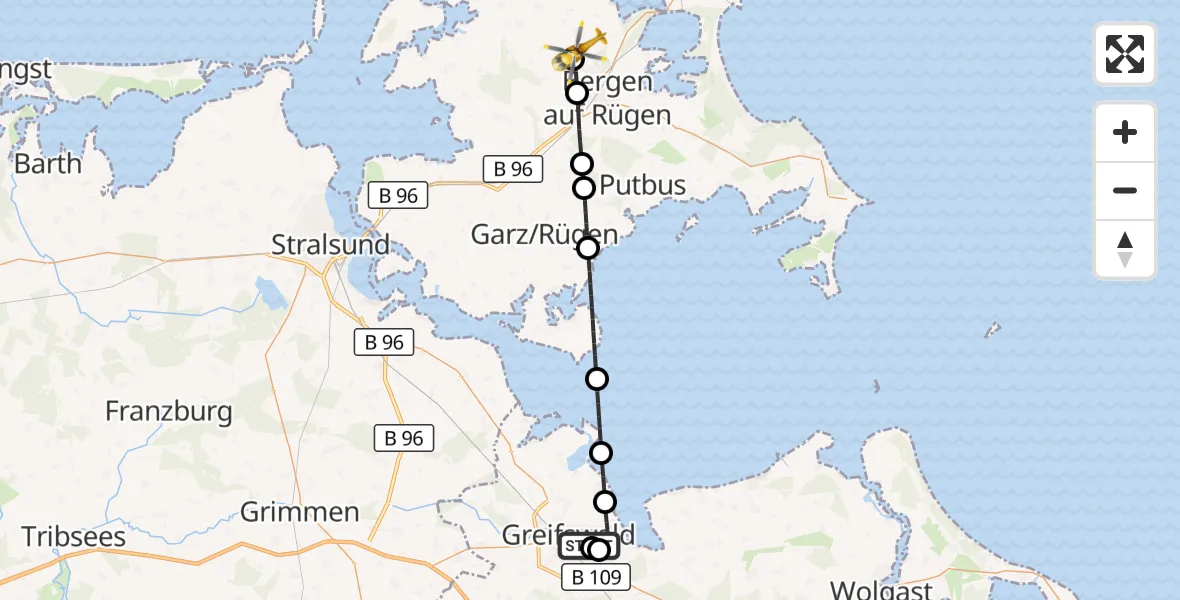 Flugroute Rettungshubschrauber Greifswald Hospital - Bergen auf Rügen, 13 Juni 2026, 08:14