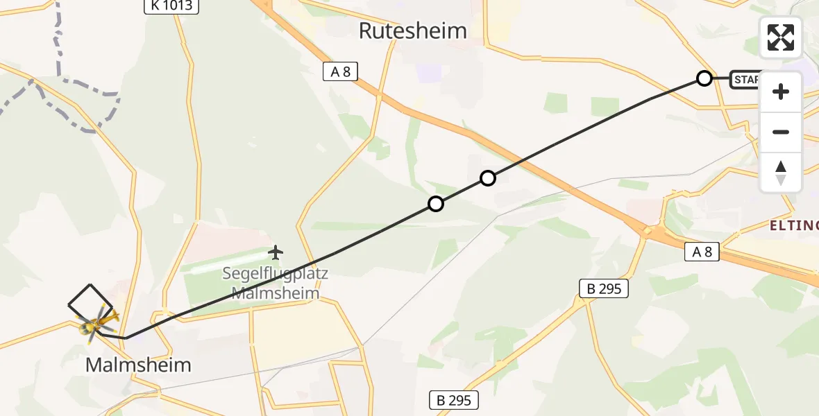 Flugroute Rettungshubschrauber Leonberg Hospital - Renningen, 13 Juni 2026, 08:16