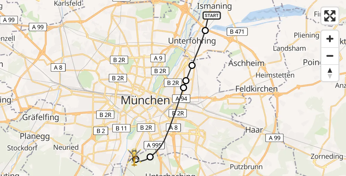 Flugroute Rettungshubschrauber Ismaning - ADAC Air Rescue Center Hubschrauberlandeplatz (Christoph 1), 13 Juni 2026, 08:27