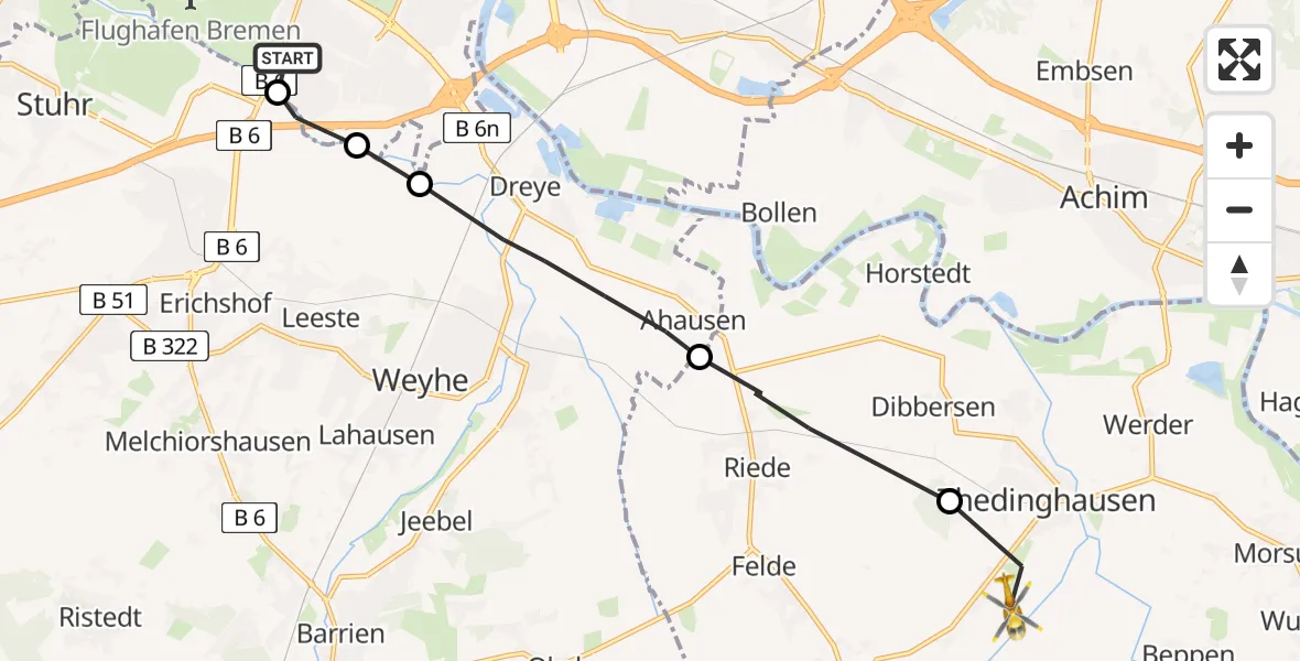 Flugroute Rettungshubschrauber ADAC Air Rescue Station Bremen Hubschrauberlandeplatz (Christoph 6) - Thedinghausen, 13 Juni 2026, 08:27