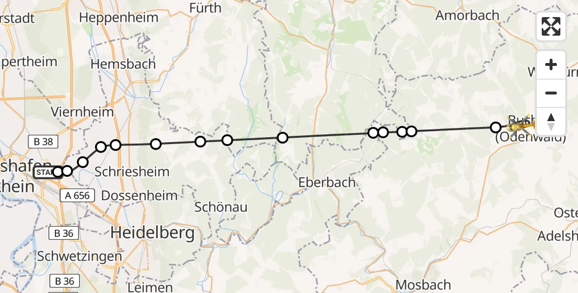 Flugroute Rettungshubschrauber Mannheim-City Flughafen - Buchen (Odenwald), 13 Juni 2026, 08:34
