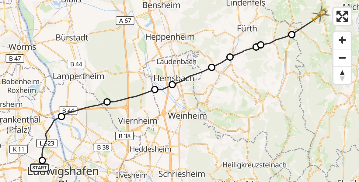 Flugroute Rettungshubschrauber Ludwigshafen Accident Hospital - Mossautal, 13 Juni 2026, 08:40