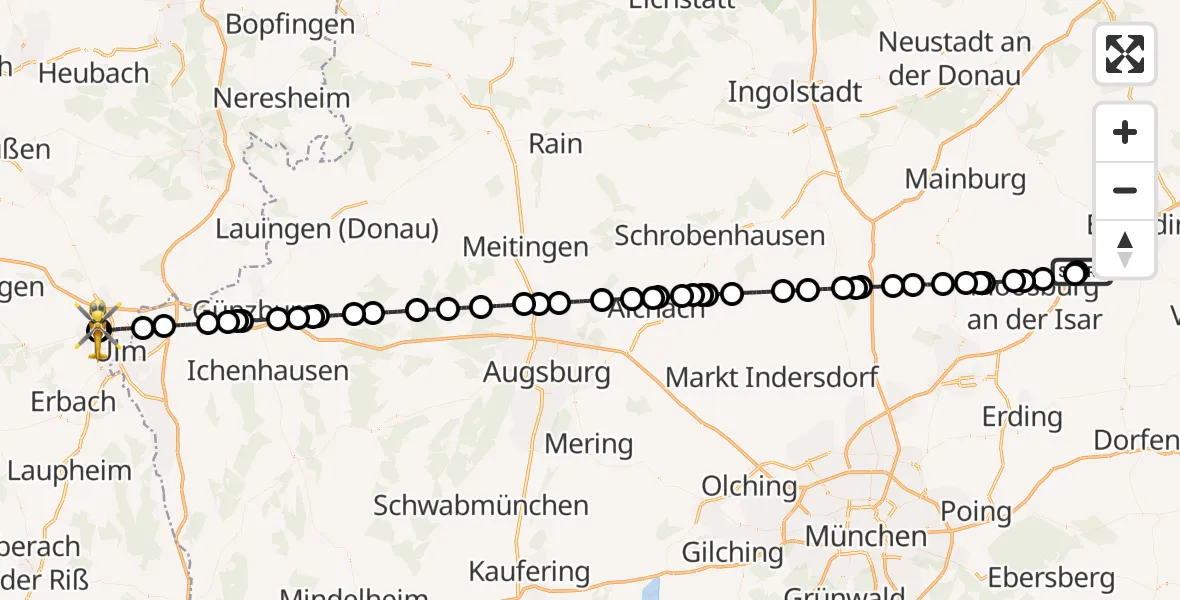 Flugroute Rettungshubschrauber Landshut Flugplatz - ADAC Air Rescue Station Ulm (Christoph 22), 13 Juni 2026, 08:41
