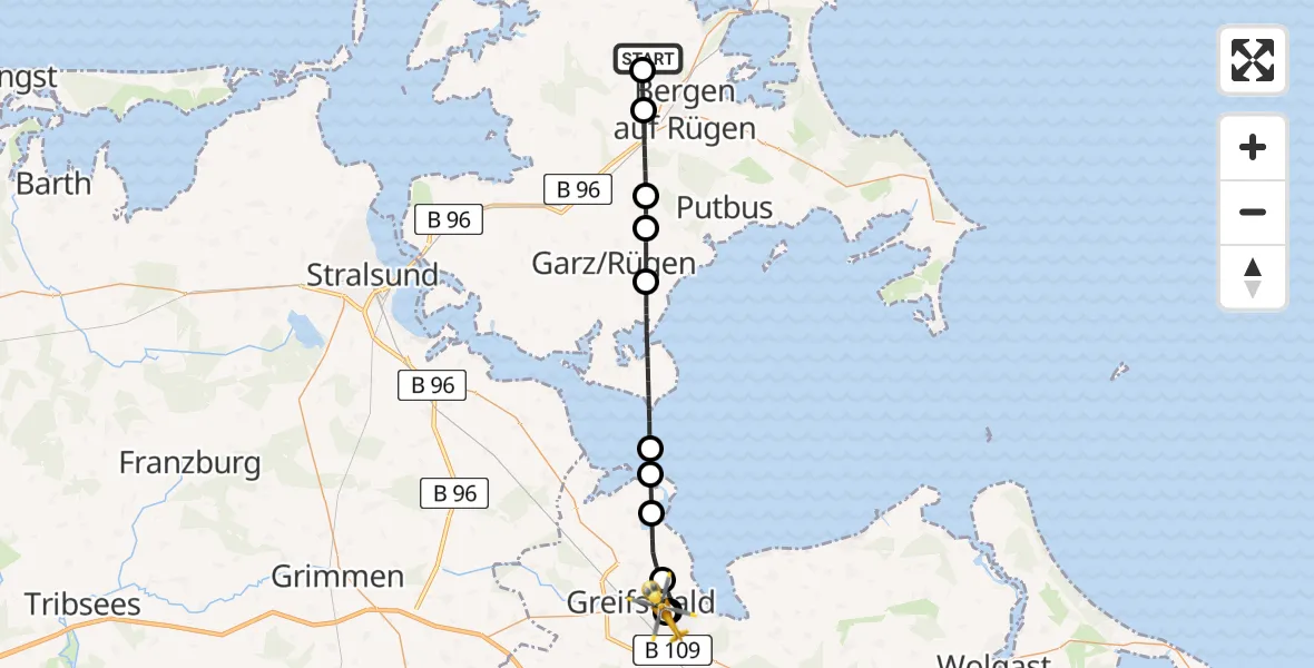 Flugroute Rettungshubschrauber Bergen auf Rügen - Greifswald Hospital, 13 Juni 2026, 08:51