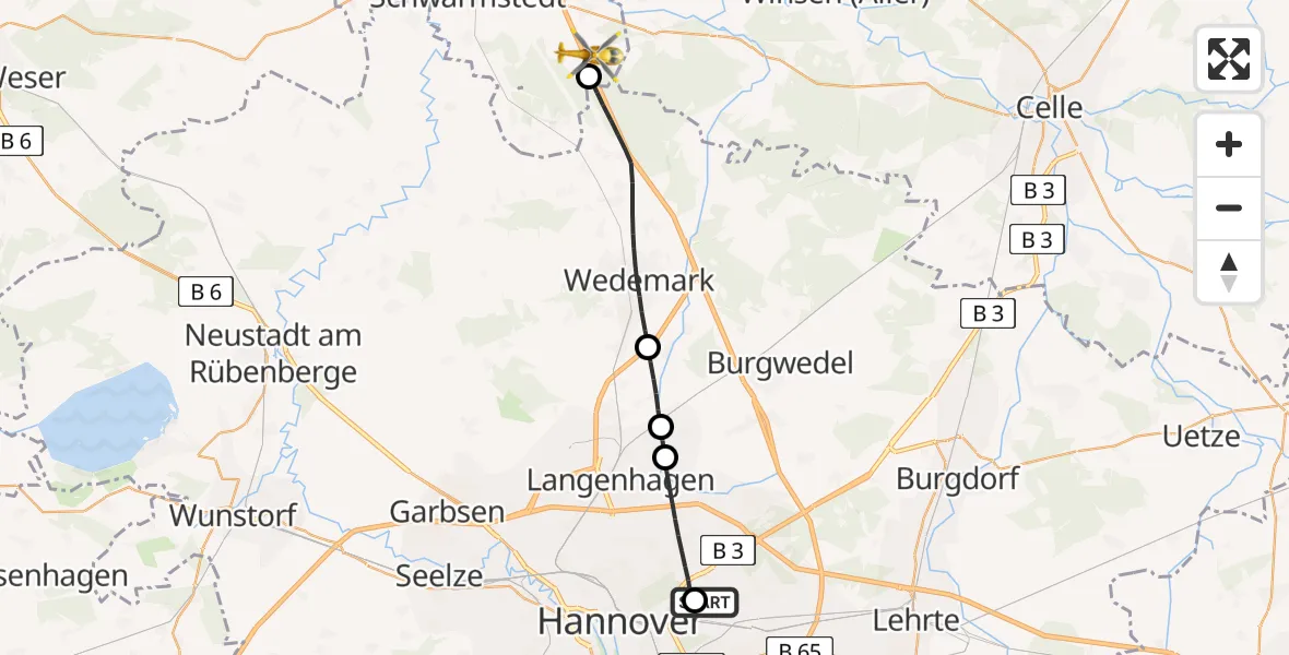 Flugroute Rettungshubschrauber Hannover Luftrettung Hubschrauberlandeplatz (Christoph 4) - Buchholz (Aller), 13 Juni 2026, 08:52