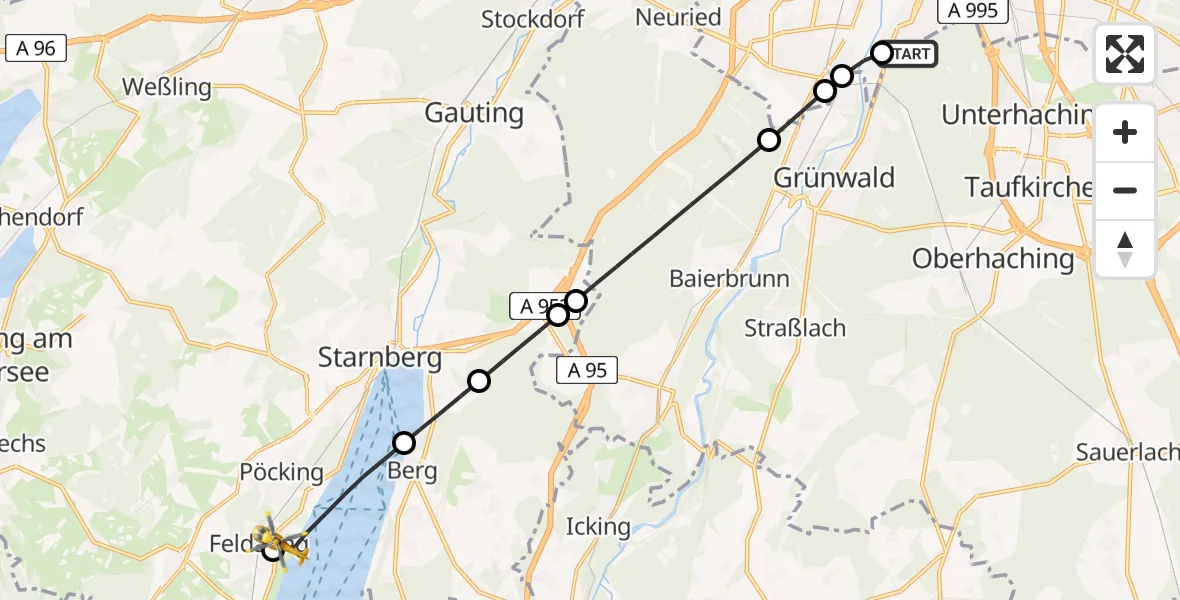 Flugroute Rettungshubschrauber ADAC Air Rescue Center Hubschrauberlandeplatz (Christoph 1) - Feldafing, 13 Juni 2026, 08:58