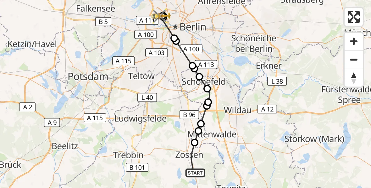 Flugroute Rettungshubschrauber Zossen - Charité Clinic Virchow Campus Hubschrauberlandeplatz, 13 Juni 2026, 09:00