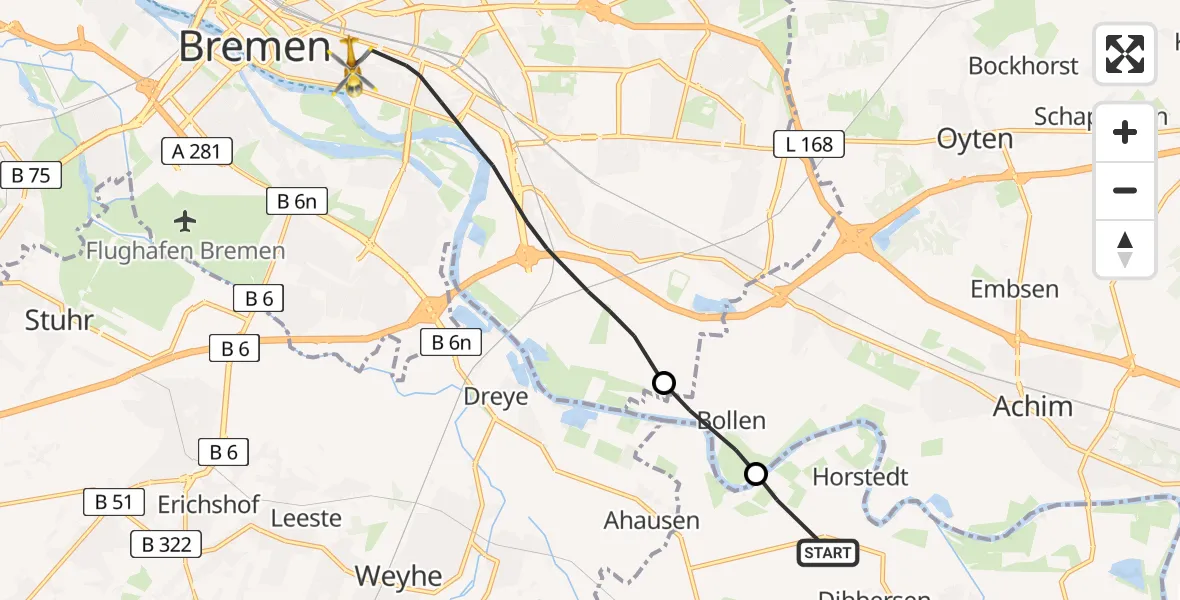 Flugroute Rettungshubschrauber Thedinghausen - Bremen, 13 Juni 2026, 09:08
