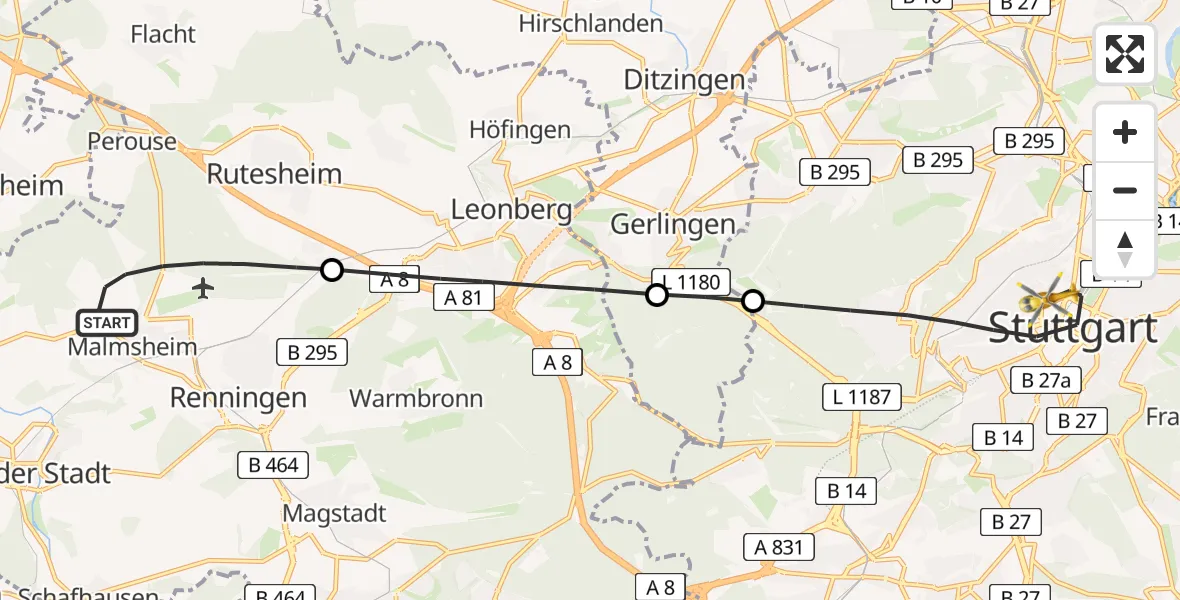 Flugroute Rettungshubschrauber Renningen - Stuttgart, 13 Juni 2026, 09:08