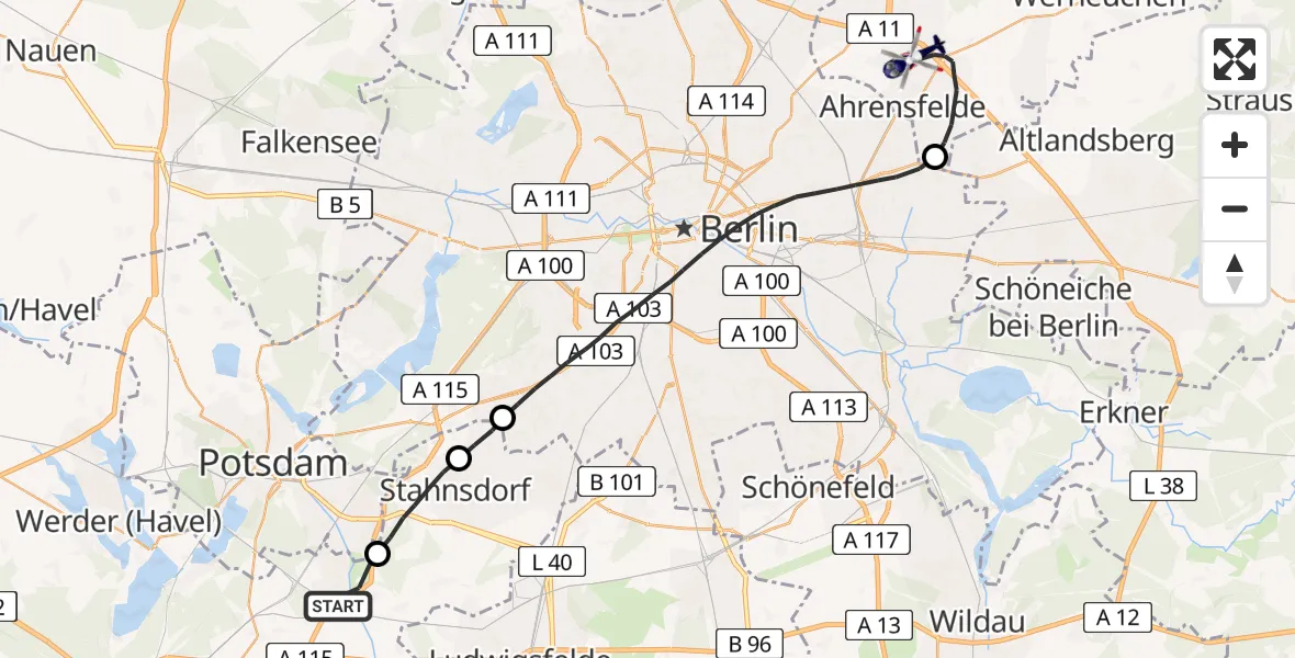 Flugroute Polizeihubschrauber Nuthetal - Ahrensfelde, 13 Juni 2026, 09:09